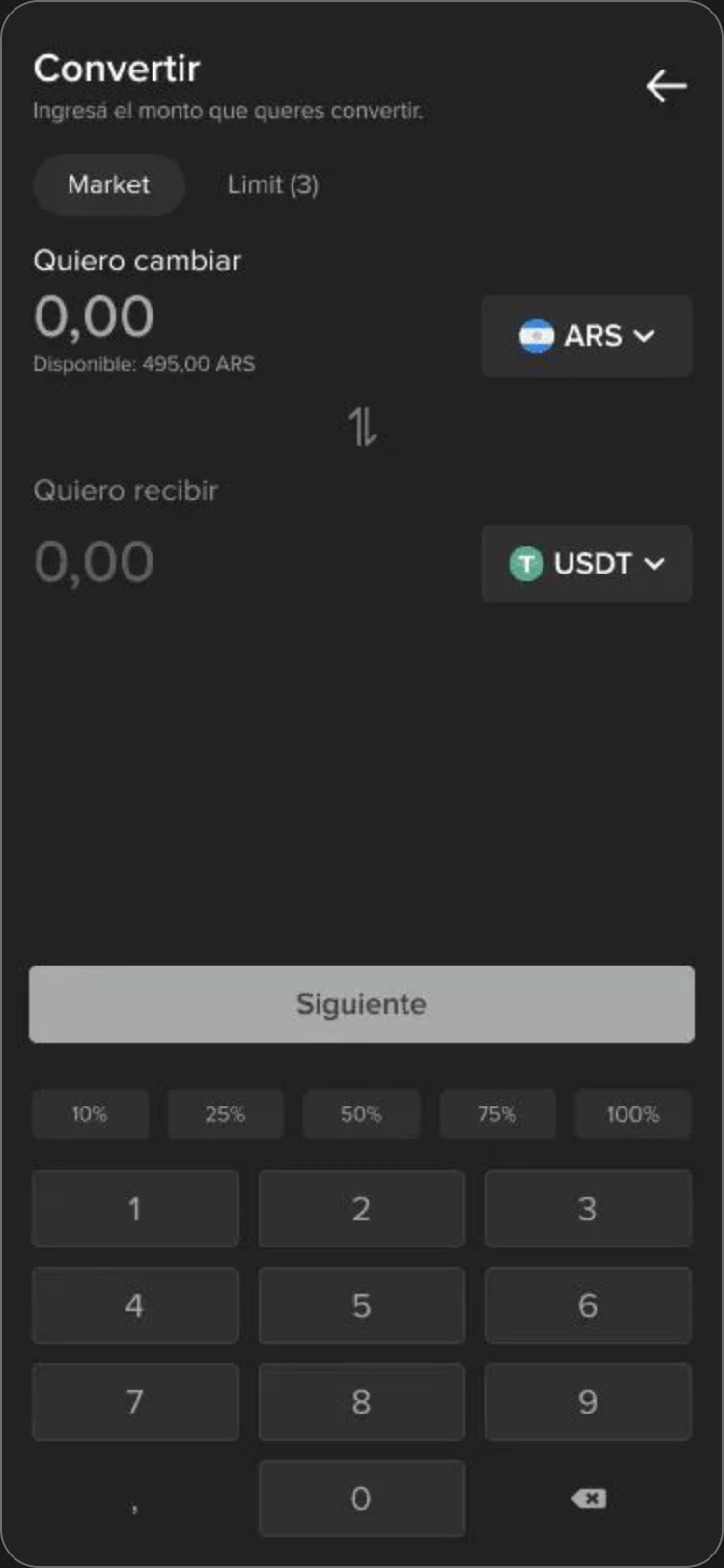 Swap, amount entry with market and limit tabs