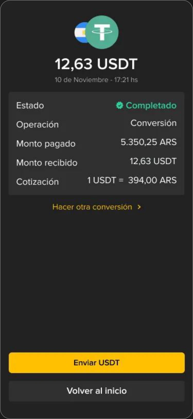 Swap, completed conversion receipt