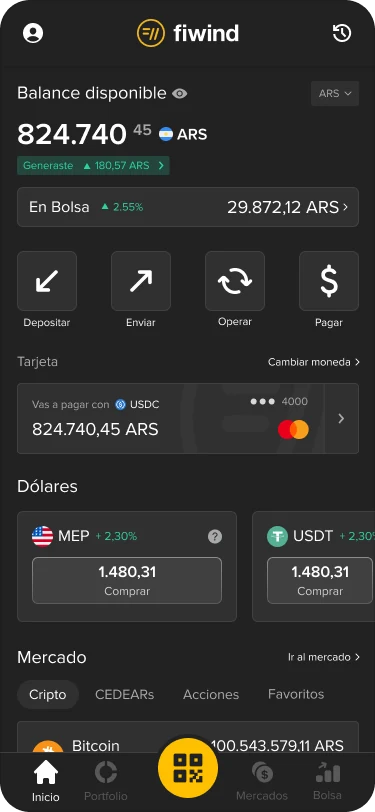 Fiwind app home screen showing the available balance