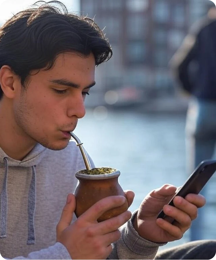 A young man drinking mate outdoors by a river