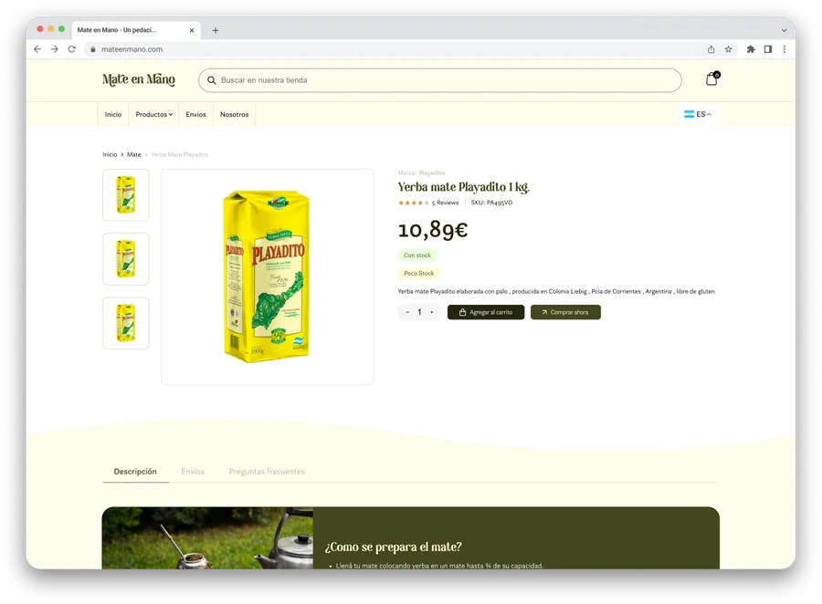Mate en Mano website, Yerba Mate Playadito product page
