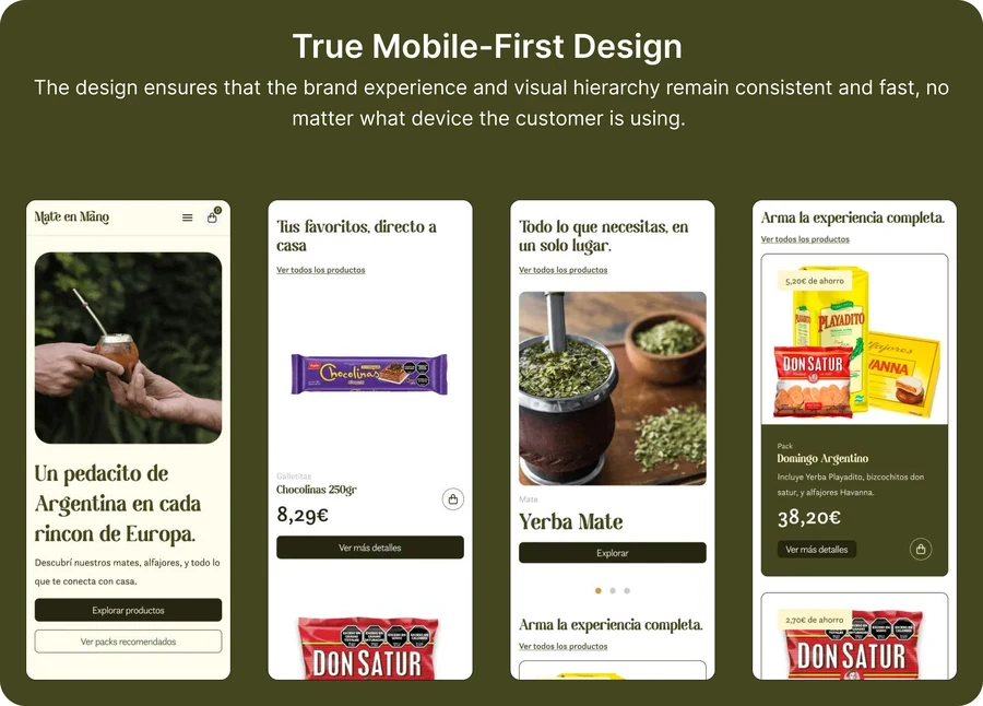 True Mobile-First Design, four mobile screens of the homepage, product listing, category and pack bundle pages