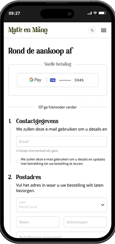 Mobile checkout screen, Rond de aankoop af, with contact details and delivery step