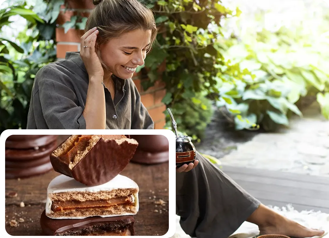 A woman enjoying mate outdoors, with a close-up of a shared mate and alfajor