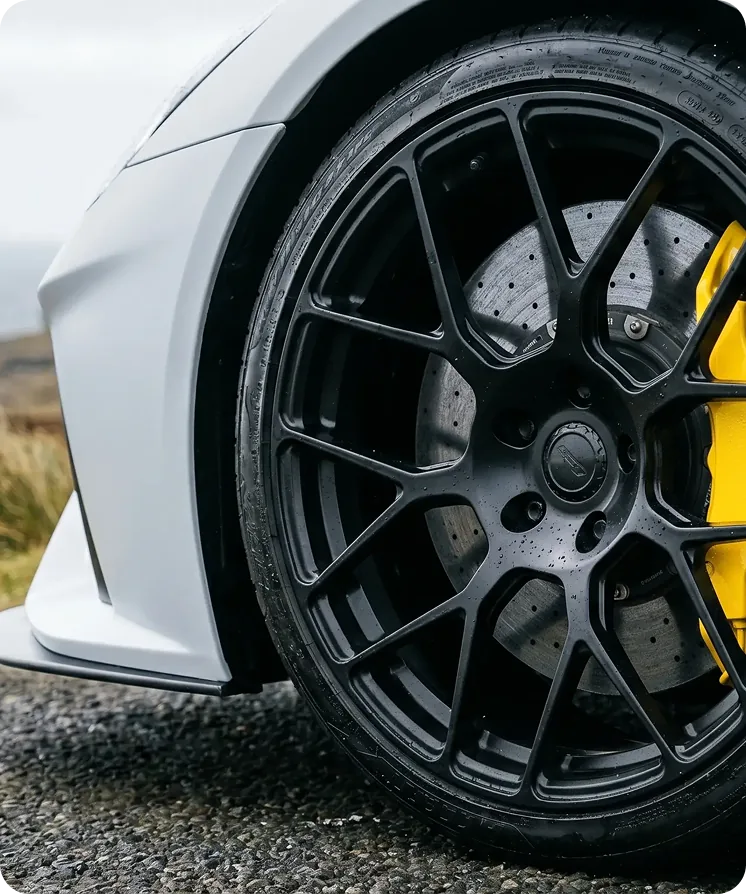 Close-up of the M.82's wheel, brake caliper and aerodynamic bodywork