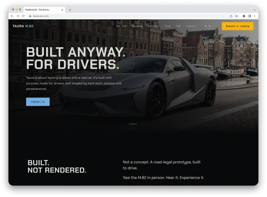 Taura M.82 website hero, Built Anyway, For Drivers