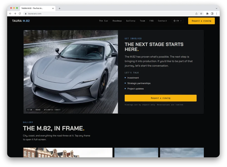 Taura M.82 website, investor CTA and photo gallery section