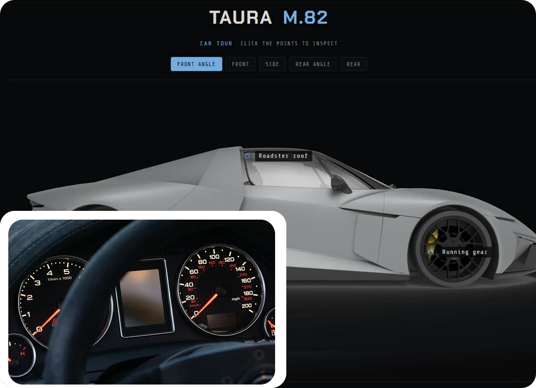 Interactive Car Tour desktop experience with inspection points over the M.82, and its cockpit dashboard