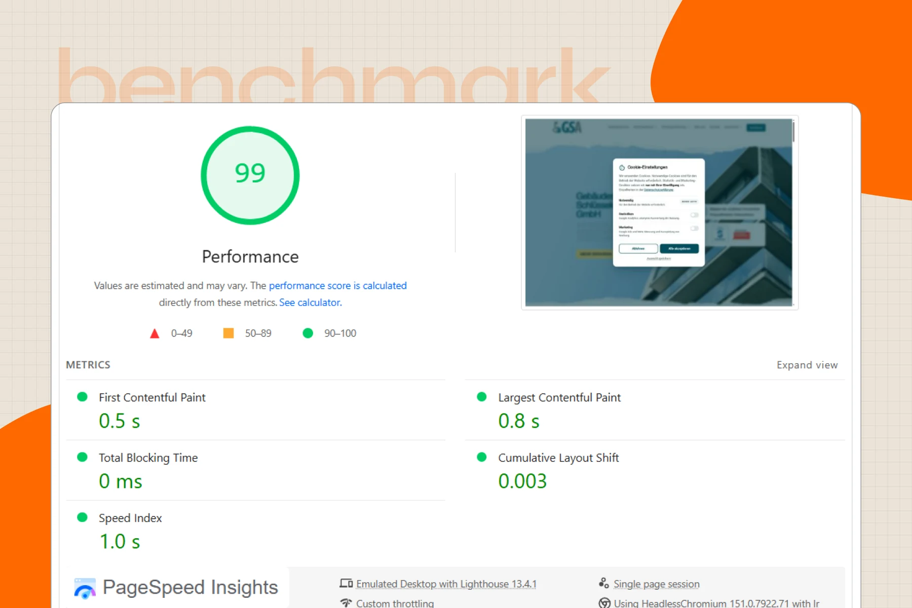 A PageSpeed Insights report showing a 99 performance score after a real cleanup