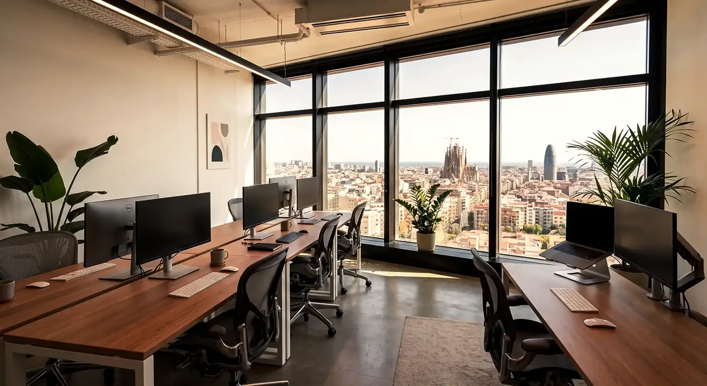Studio workspace with desks and monitors, floor-to-ceiling windows overlooking a city skyline