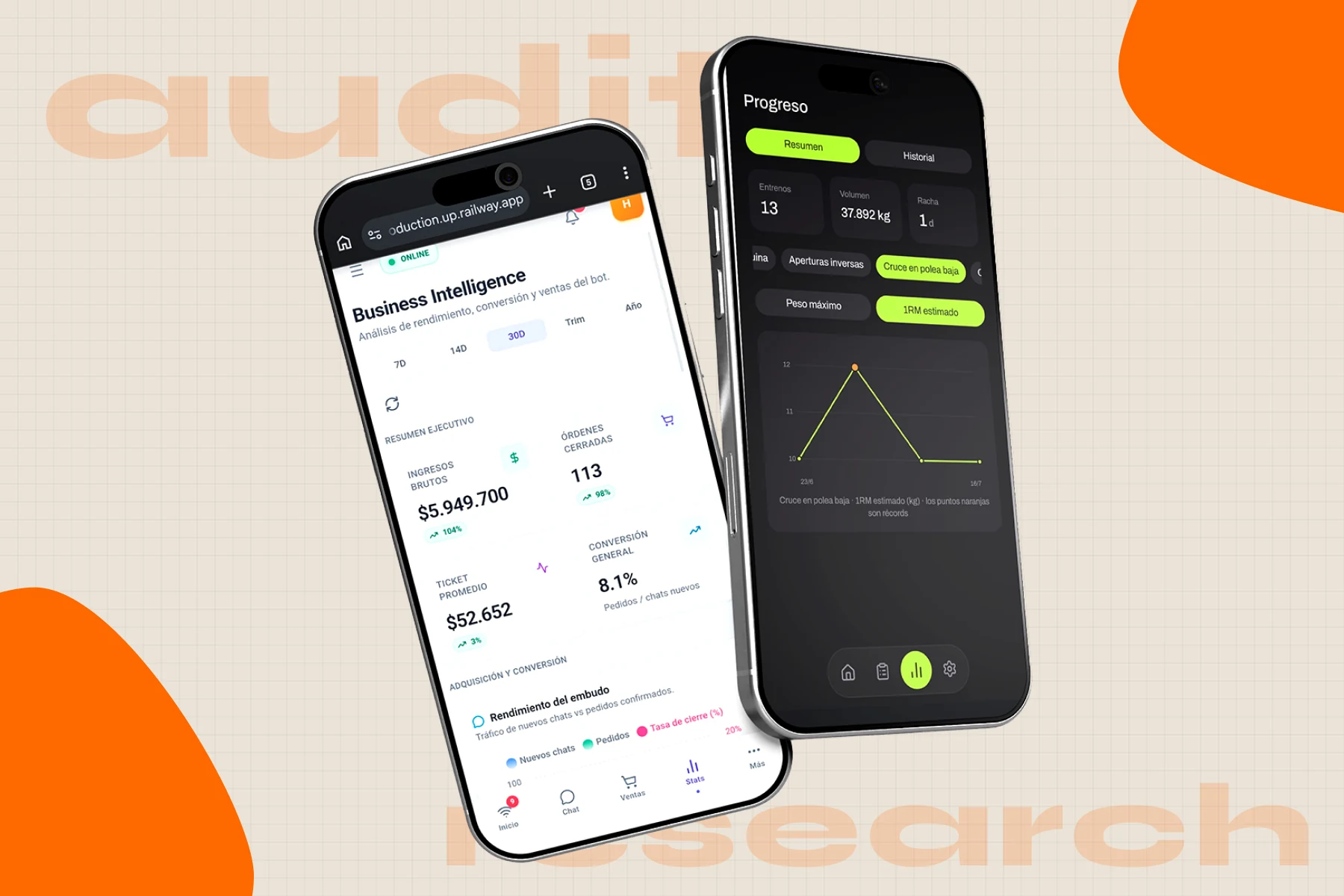 Two phone mockups showing a business intelligence dashboard and a workout progress screen, the deliverables of a real UX audit