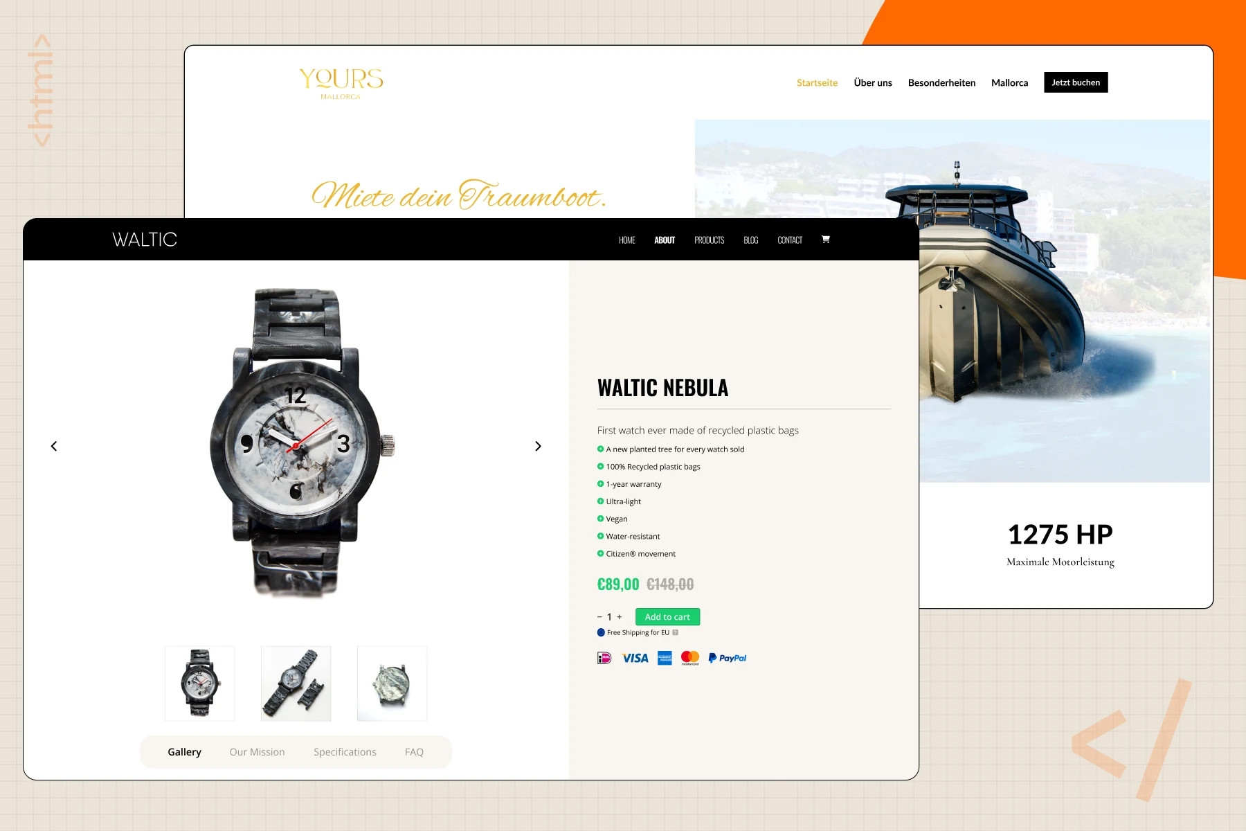 A yacht rental site and a watch ecommerce product page shown side by side, both live and taking orders