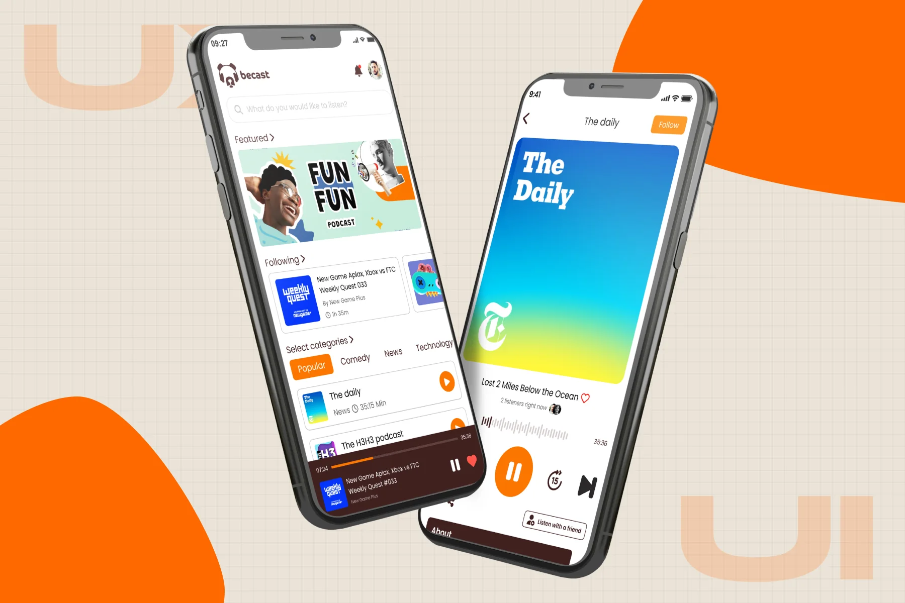 Two phone mockups of a podcast app, browse screen and now-playing screen, shipped and running